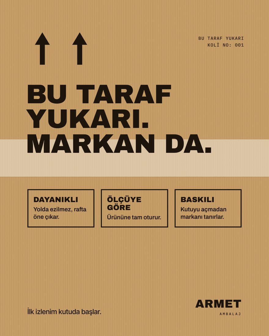 Koli üstü işaretleri biçiminde ambalaj postu: Bu taraf yukarı, markan da