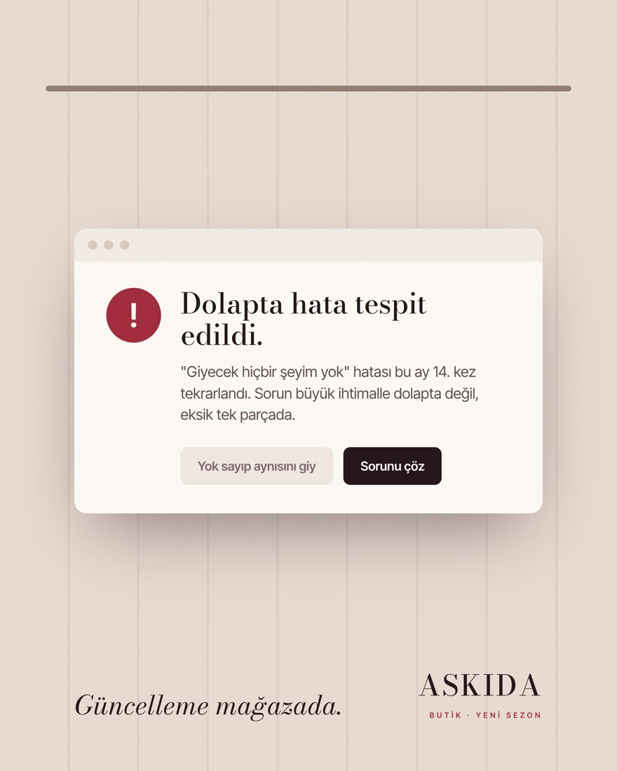 Hata penceresi biçiminde butik postu: Dolapta hata tespit edildi