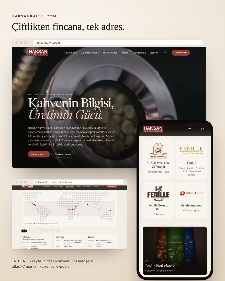 Haksan Kahve web sitesi: tam ekran kavurmahane videolu ana sayfa, menşe atlası ve telefonda marka logoları