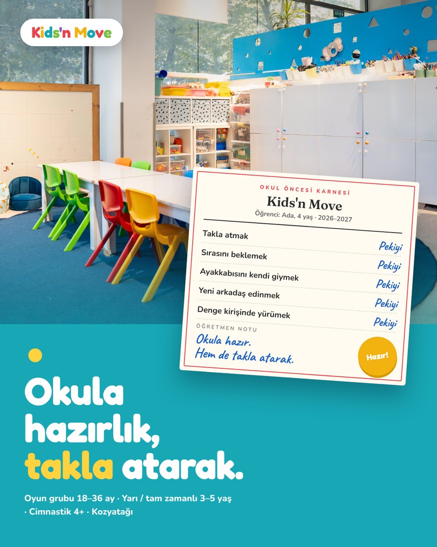 Kids'n Move sınıfının gerçek fotoğrafı üzerinde okul öncesi karnesi: takla atmak, sırasını beklemek, ayakkabısını kendi giymek, hepsi pekiyi. Öğretmen notu: okula hazır, hem de takla atarak.