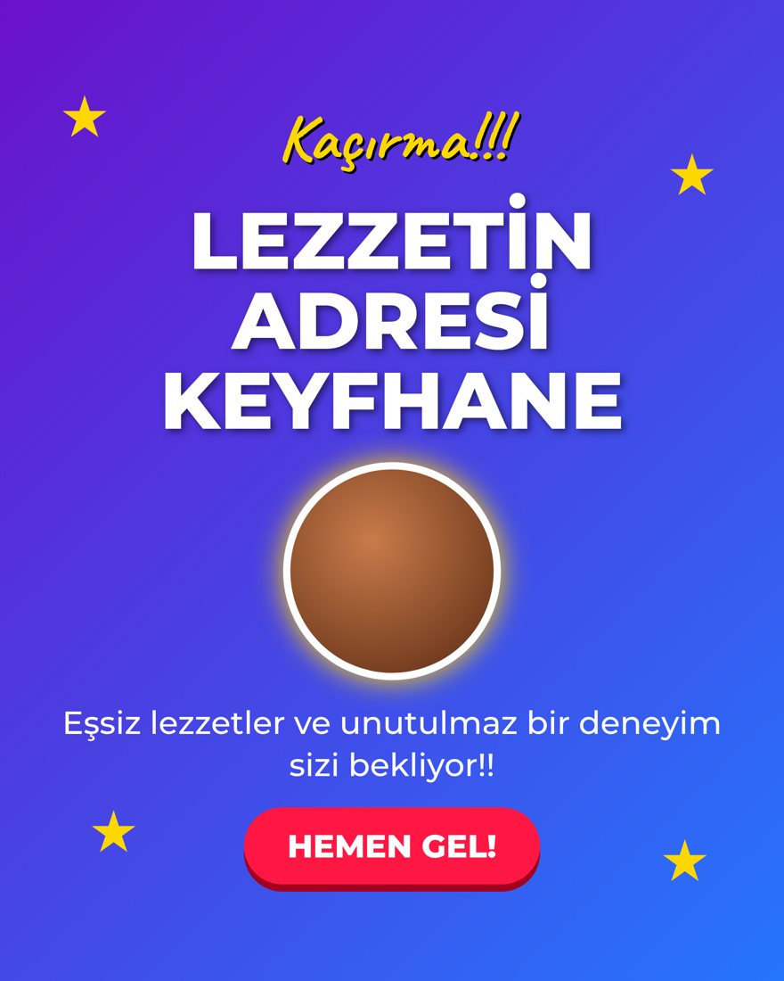 Sıradan yaklaşım: mor degrade zemin, 'Lezzetin adresi' sloganı, yıldızlar ve 'Hemen gel' butonu