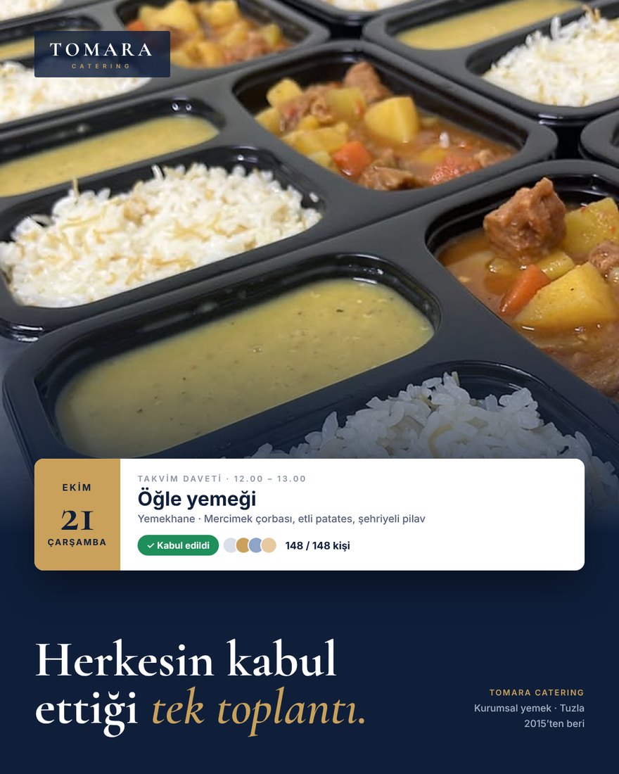 Tomara Catering'in gerçek yemek tepsisi fotoğrafı ve üzerinde bir takvim daveti: Öğle yemeği, 12.00–13.00, yemekhane, mercimek çorbası, etli patates, şehriyeli pilav. 148 kişiden 148 kişi kabul etti.